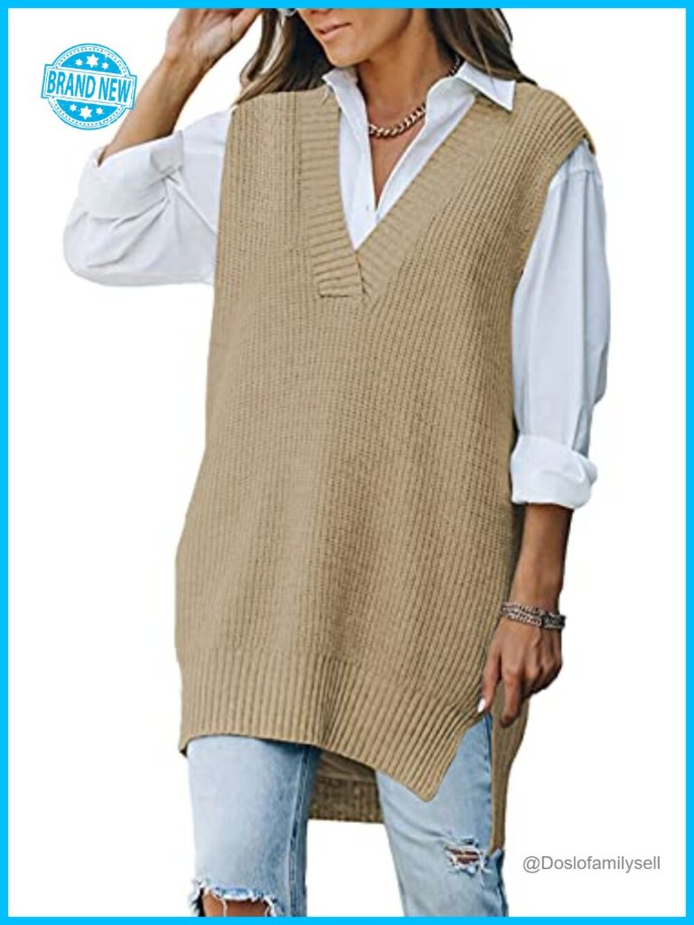 Oversized V Neck Knit Sweater Vest Tunic Sleeveless Side Slit Pullover